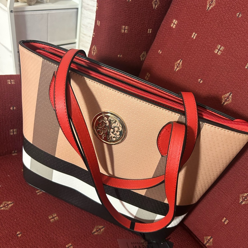 Stylish Tan and Red Tote Bag